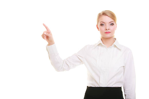 istock Business woman pressing button or pointing isolated 491607203
