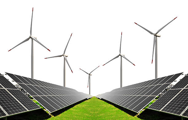 istock Solar energy panels with wind turbines 491607381