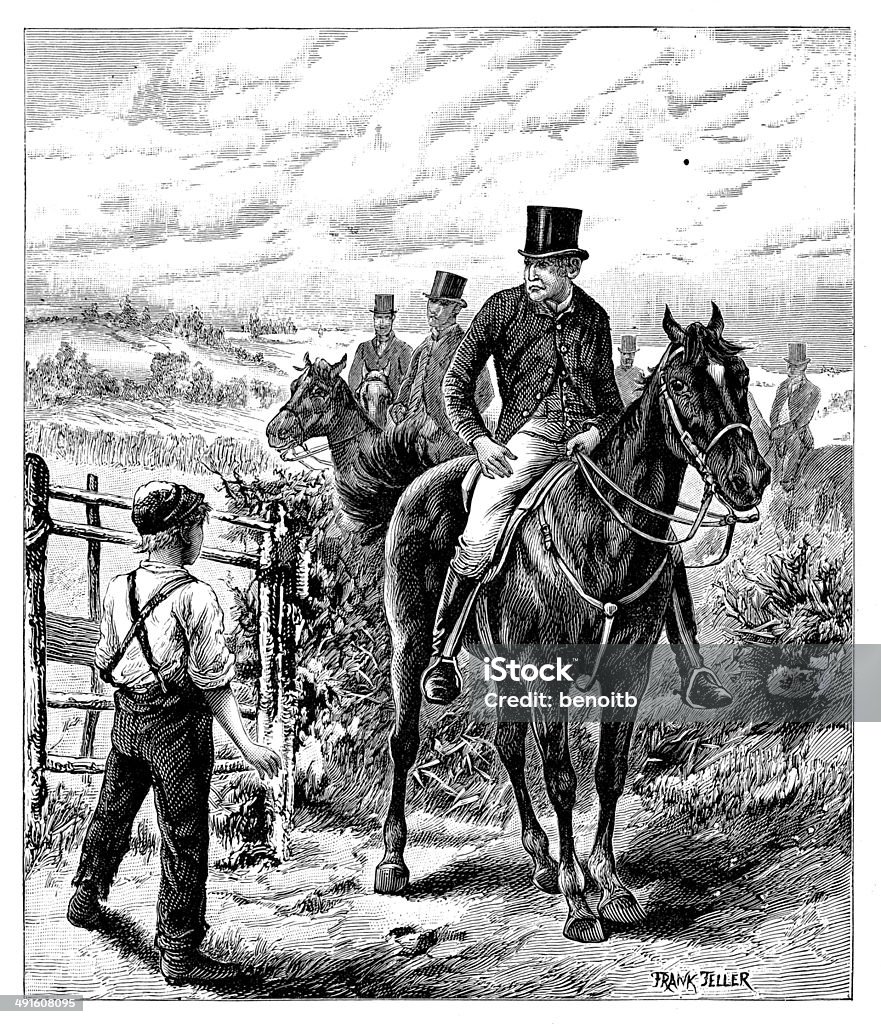 Boys Opening Gate For Hunter 19th Century Style stock illustration