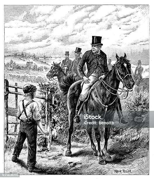Boys Opening Gate For Hunter Stock Illustration - Download Image Now - 19th Century Style, Adult, Animal
