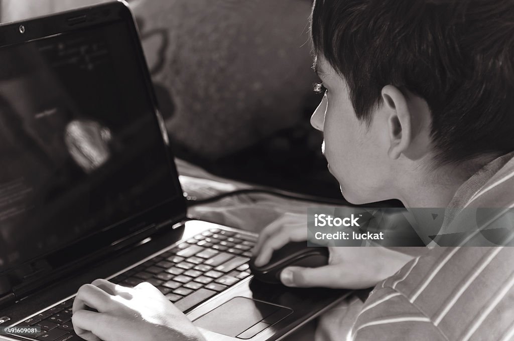 boy and home computer Boy playing at home computer, looking to the monitor 14-15 Years Stock Photo