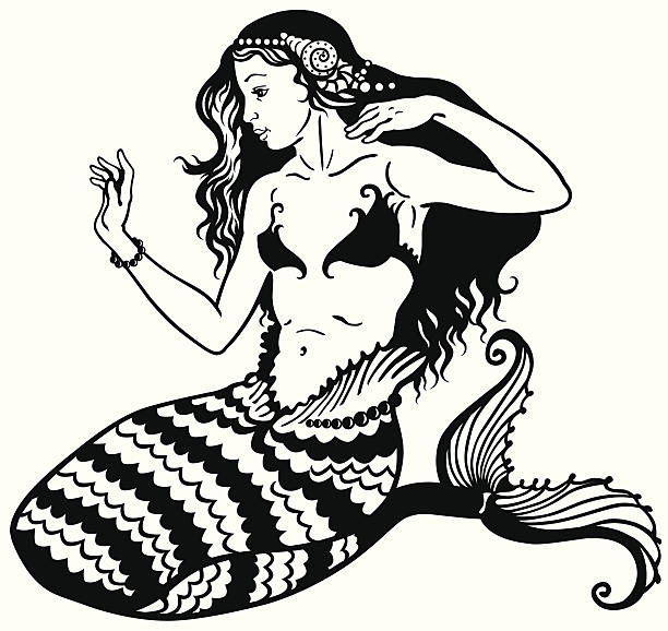 ilustrações, clipart, desenhos animados e ícones de sereia preto e branco - black and white people imagination underwater