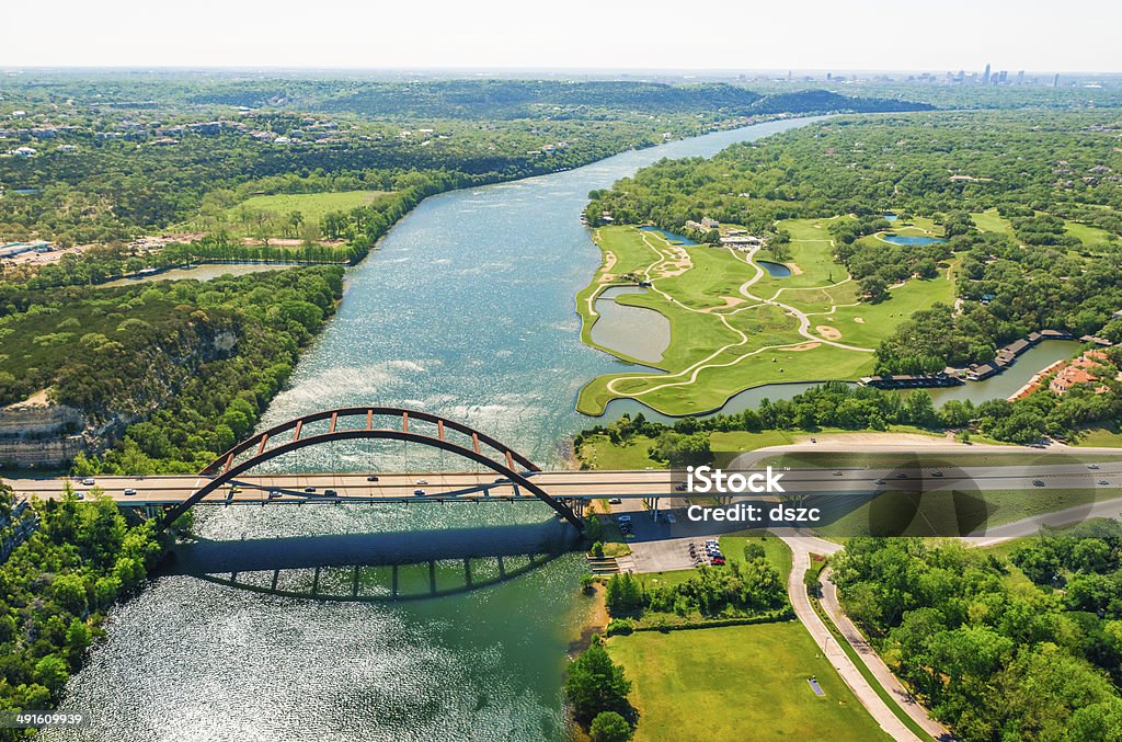 Aerial view Pennybacker 360 bridge on Colorado River, Austin, Texas Aerial view from helicopter of 360 bridge on Colorado River near Austin Texas. Austin - Texas Stock Photo