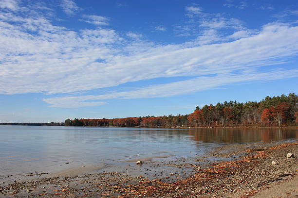 Maine lake in fall stock photo