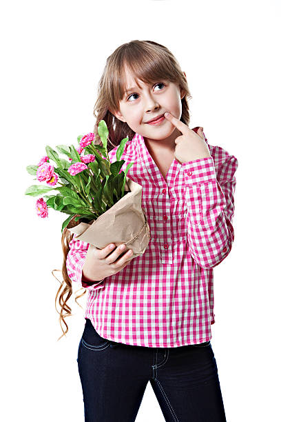 Cute girl hold pink flowers