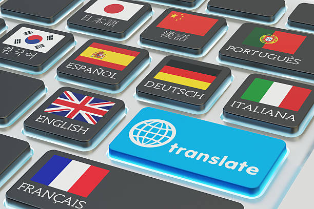 Foreign languages translation concept, online translator Macro view of computer keyboard with national flags of world countries on keys and blue translate button translation stock pictures, royalty-free photos & images