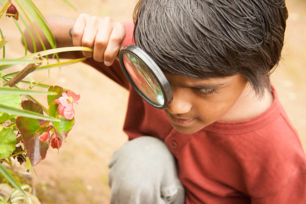 istock Elementary age boy enjoys discovering nature. Magnifying glass. 491620322