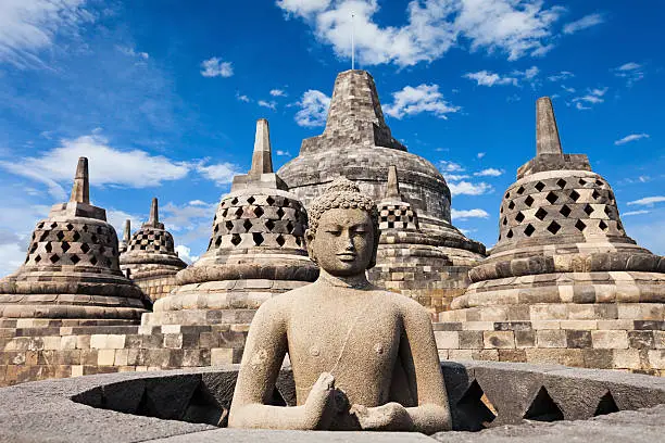 Buddha statue in Borobudur Temple, Java island, Indonesia.