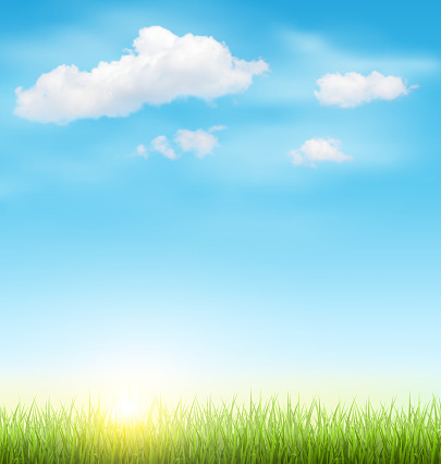 Green Grass Lawn with Clouds and Sun on Light Blue Sky