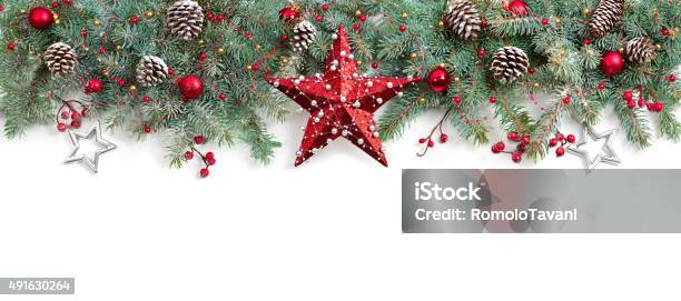 Christmas Fir Tree Decorated On White Stock Photo - Download Image Now - Christmas, Red, White Background