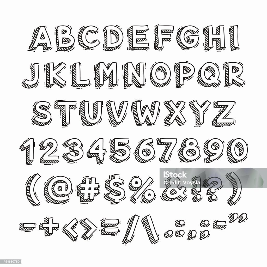 Hand Drawn 3D Letters and Numbers Hand Drawn 3D Letters and Numbers. Isolated on white background. Clipping paths included in JPG file. Doodle stock vector