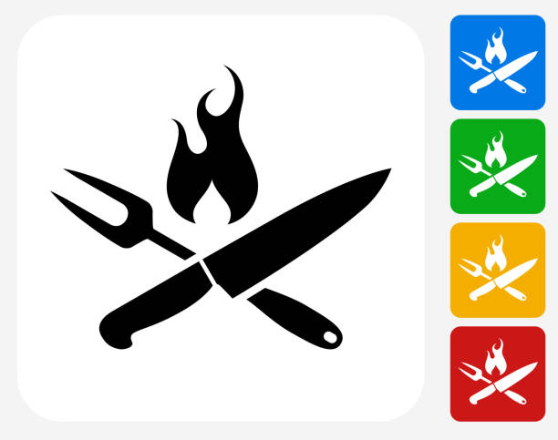 Grilling Utensils Icon Flat Graphic Design Grilling Utensils Icon. This 100% royalty free vector illustration features the main icon pictured in black inside a white square. The alternative color options in blue, green, yellow and red are on the right of the icon and are arranged in a vertical column. chef cooking flames stock illustrations