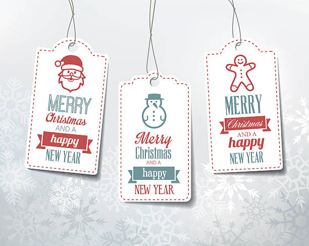 illustrazioni stock, clip art, cartoni animati e icone di tendenza di etichette di natale con decorazioni. - wrapping paper christmas gift snowman