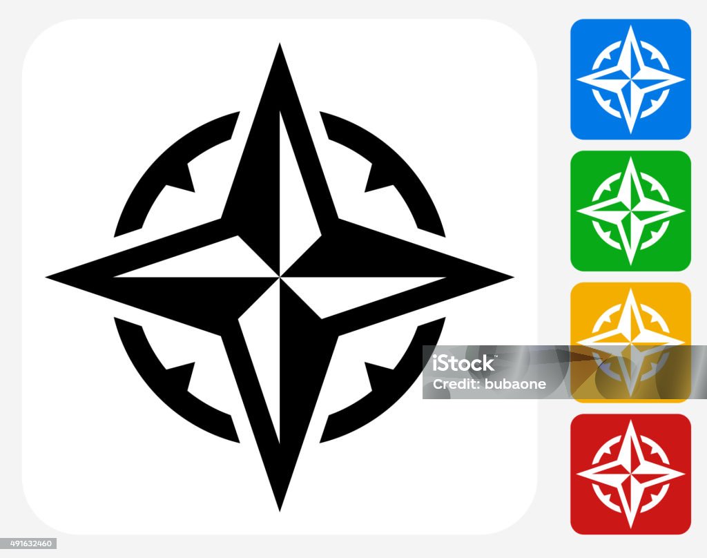 Compass Icon Flat Graphic Design Compass Icon. This 100% royalty free vector illustration features the main icon pictured in black inside a white square. The alternative color options in blue, green, yellow and red are on the right of the icon and are arranged in a vertical column. 2015 stock vector