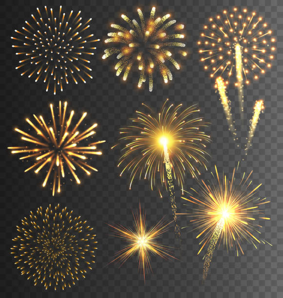świąteczne golden sztucznych ogni salute pęknięcie na przejrzystych - new year stock illustrations