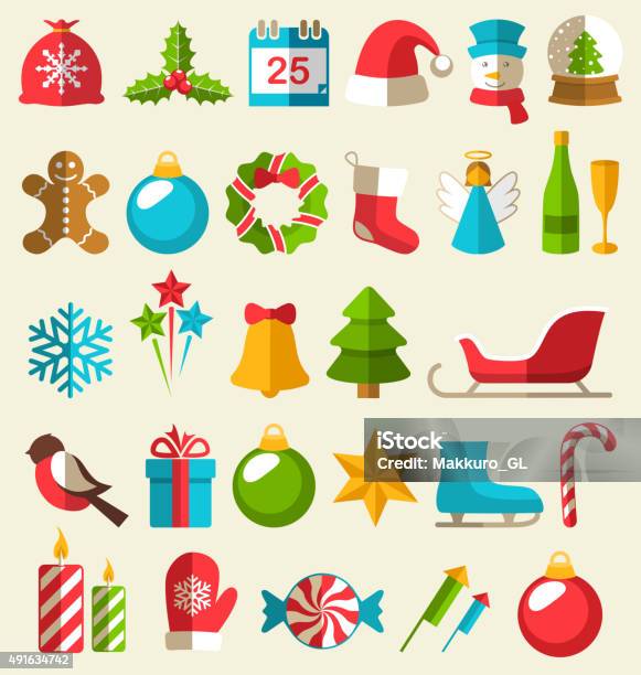 Set Of Christmas Flat Icons Isolated On Beige Stock Illustration - Download Image Now - Icon Symbol, Vacations, Holiday - Event
