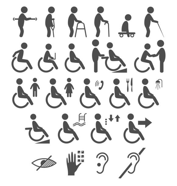 ilustraciones, imágenes clip art, dibujos animados e iconos de stock de conjunto de iconos de la gente de pictogramas discapacidad plano aislado en blanco - equipped
