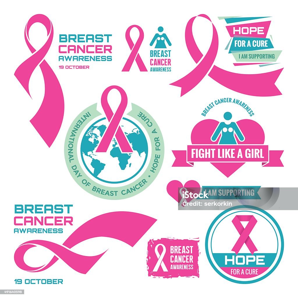 International Day of Breast Cancer - creative badges. 19 October - International Day of Breast Cancer - creative vector badges set. Breast cancer awareness. Hope for a cure. I am supporting. Pink ribbon sign. Vector badges collection. Design elements. Breast Cancer Awareness Ribbon stock vector