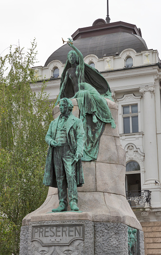 Statue of slovenian poet France Preseren in the capital city Ljubljana, Slovenia.