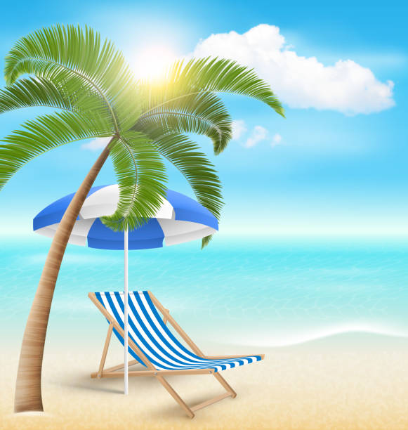 istock Beach with Palm Clouds Sun Beach Umbrella and Beach Chair 491642554