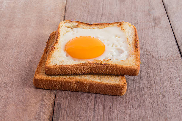 istock breakfast with fried eggs, toasts on wooden table. 491643810