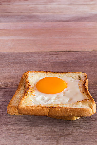 istock breakfast with fried eggs, toasts on wooden table. 491644016