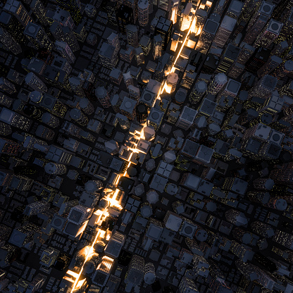 3D render of light streaking through night time city