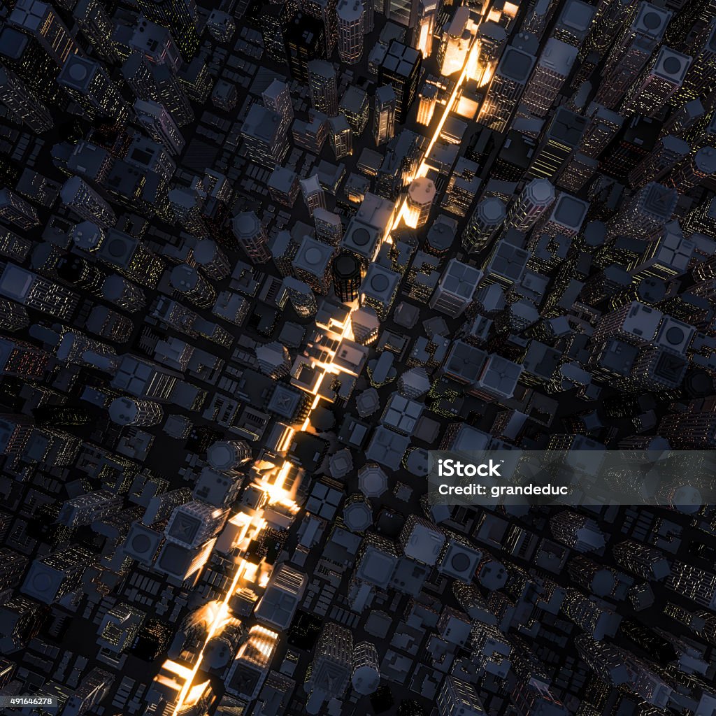 Fast lane city 3D render of light streaking through night time city Aerial View Stock Photo