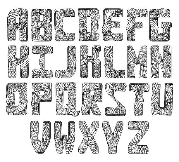 ilustraciones, imágenes clip art, dibujos animados e iconos de stock de dibujados a mano calligraphic ornament fuente - alphabet english culture paint typescript