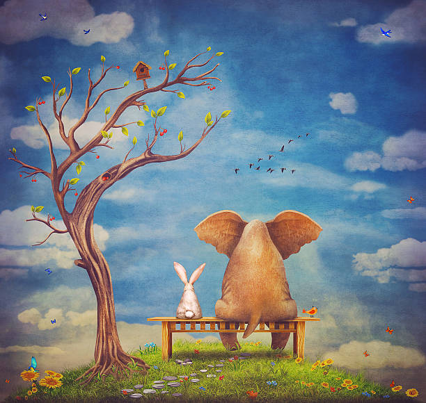 Elephant and rabbit sit on a bench on the glade vector art illustration