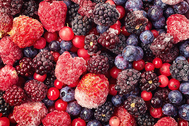 냉동상태의 베리류 - blue blueberry cold food descriptive color 뉴스 사진 이미지