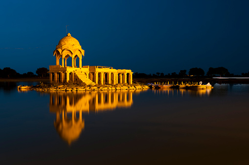 Illuminated building at Gadsisar Lake, Jaisalmer, Rajastan, India
