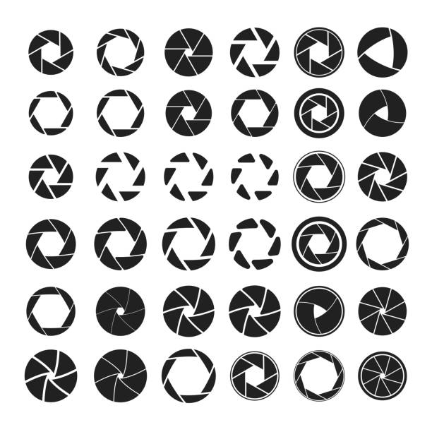 ilustrações, clipart, desenhos animados e ícones de conjunto de ícones do obturador da câmera em preto sobre fundo branco - aperture