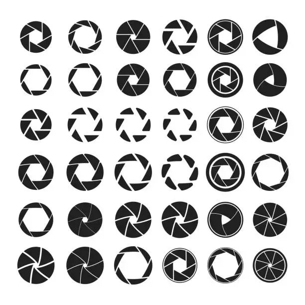 Vector illustration of Set of black camera shutter icons on white background
