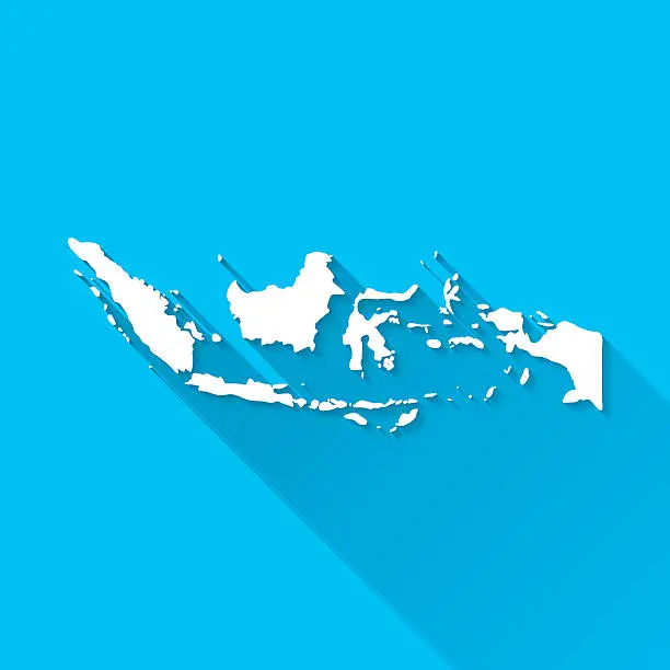 Vector illustration of Indonesia Map on Blue Background, Long Shadow, Flat Design