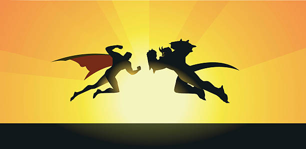 stockillustraties, clipart, cartoons en iconen met vector supeheroes vs monster silhouette - helden