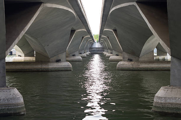 istock Under a concrete bridge with the waters of river. 491663927