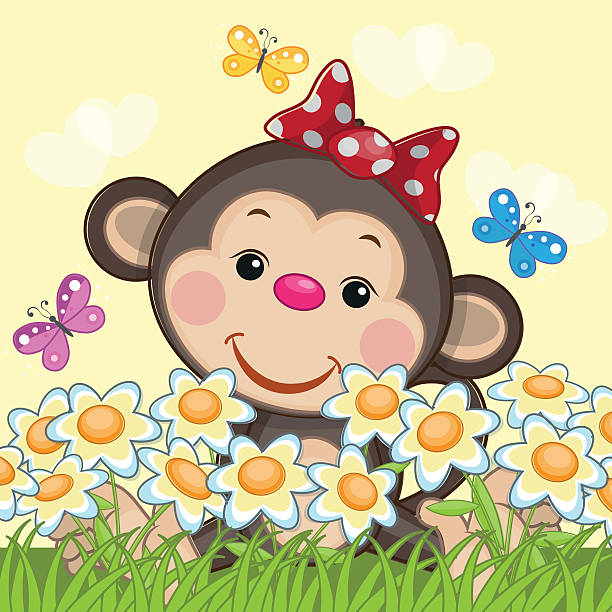 illustrazioni stock, clip art, cartoni animati e icone di tendenza di scimmia e fiori - butterfly women humor fun