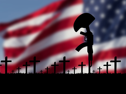 USA flag with rifle and tomb crosses for memorial day and/or Veterans Day.