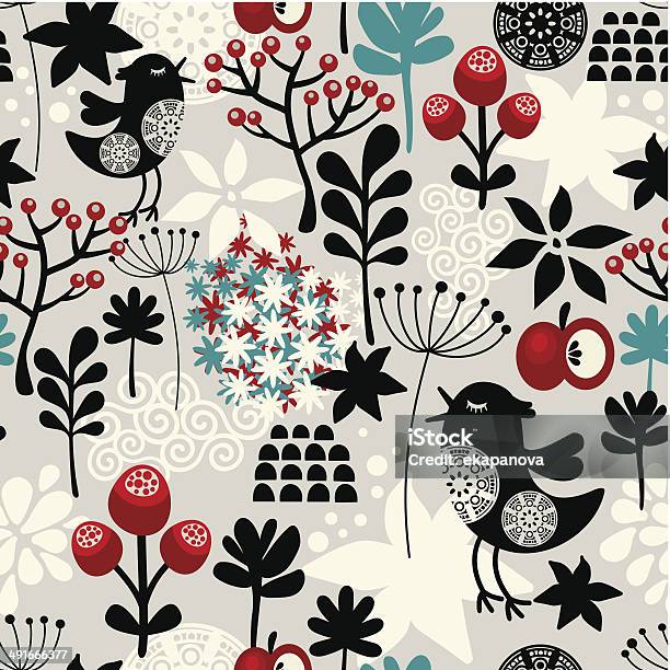 Floral Seamless Pattern With Cute Birds Flowers Stock Illustration - Download Image Now - Animal, Animal Markings, Autumn