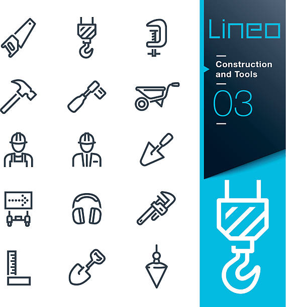 lineo-공사장 및 도구 외형선 아이콘 - pulley hook crane construction stock illustrations