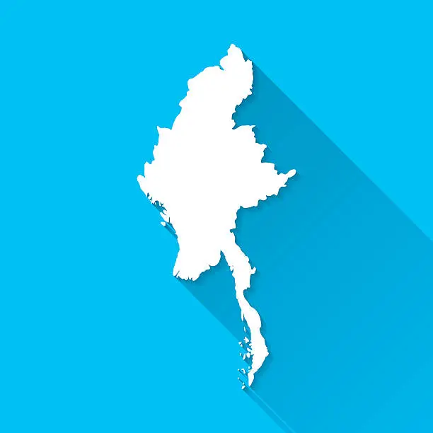Vector illustration of Myanmar Map on Blue Background, Long Shadow, Flat Design