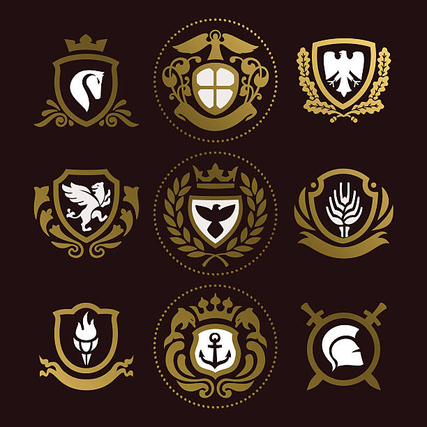 illustrazioni stock, clip art, cartoni animati e icone di tendenza di heraldic_shields - lion coat of arms shield backgrounds