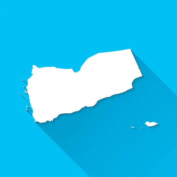 Vector illustration of Yemen Map on Blue Background, Long Shadow, Flat Design