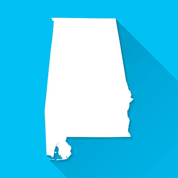 Vector illustration of Alabama Map on Blue Background, Long Shadow, Flat Design