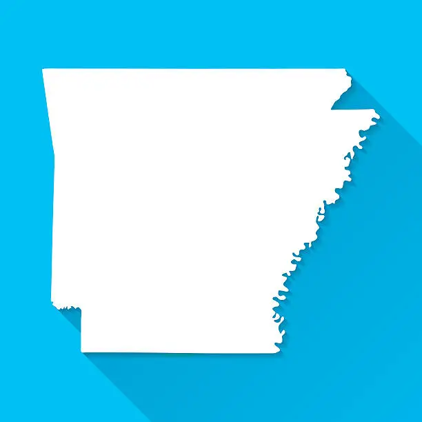 Vector illustration of Arkansas Map on Blue Background, Long Shadow, Flat Design