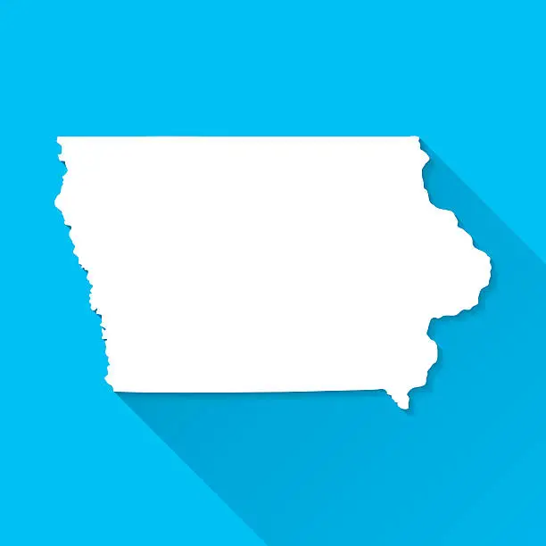 Vector illustration of Iowa Map on Blue Background, Long Shadow, Flat Design