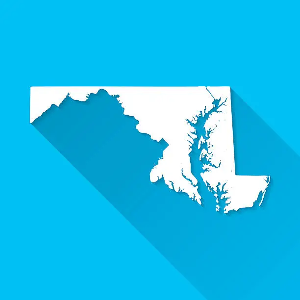 Vector illustration of Maryland Map on Blue Background, Long Shadow, Flat Design