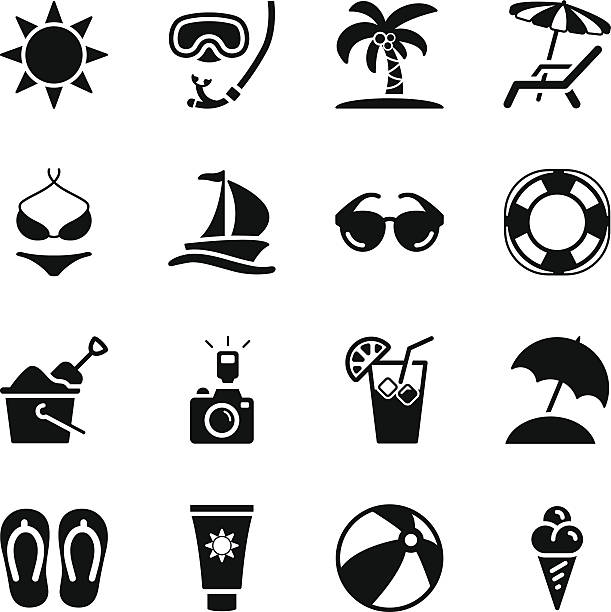 ilustrações de stock, clip art, desenhos animados e ícones de ícones de verão - suntan lotion symbol ice umbrella