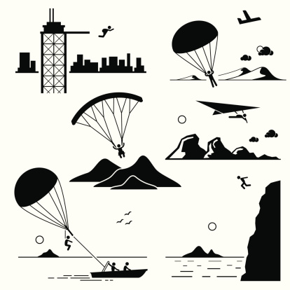 A set of human pictogram representing the extreme sports of base jumping, parachuting, paragliding, hang gliding, parasailing, and cliff jump.